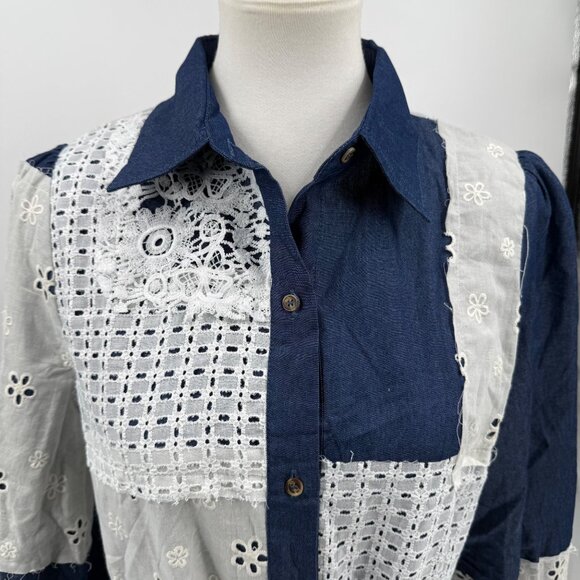 Gabby Isabella Womens Long Patchwork Denim & Lace Dress Blue & White Size S - Picture 5 of 14